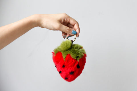 Real Fur Fluffy Strawberry Keychains (Available in Red and Pink)