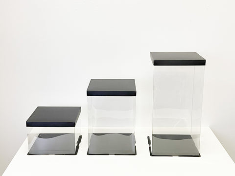 Clear Cake Box with Black Base And Lid on variety sizes